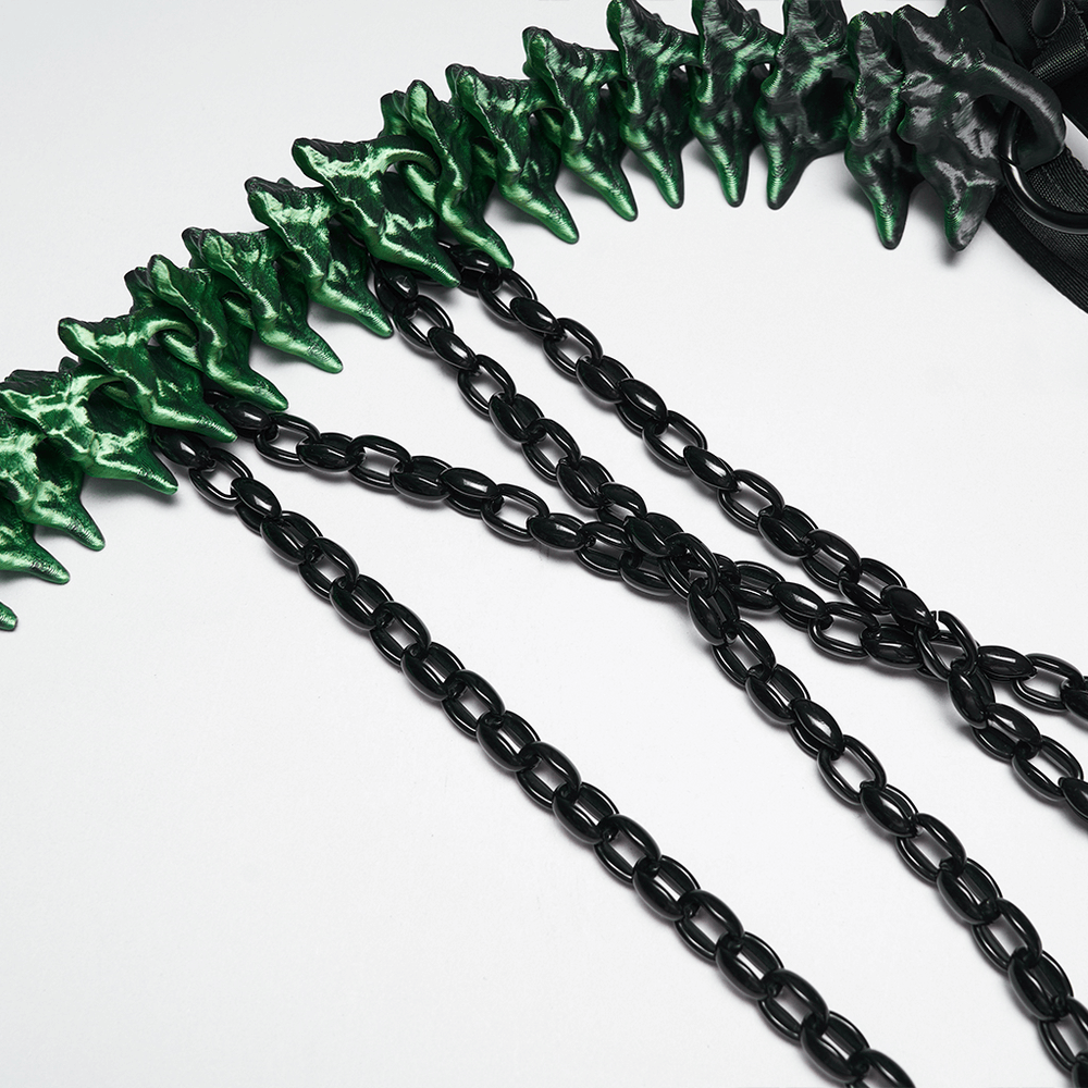 Cyberpunk Spine Tail Harness with Chains and Buckles featuring sculpted bone spikes and chains.