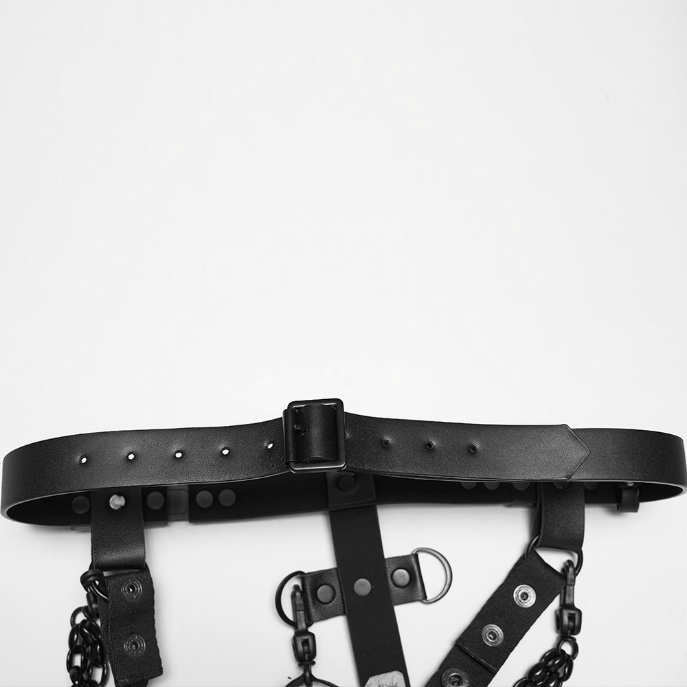 Cyberpunk Spine Tail Harness with Chains and Buckles featuring adjustable waist belt and rugged chains.