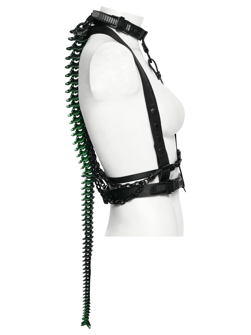 Cyberpunk Spine Tail Harness with Chains and Buckles featuring a sculpted bone spine and chain detailing.