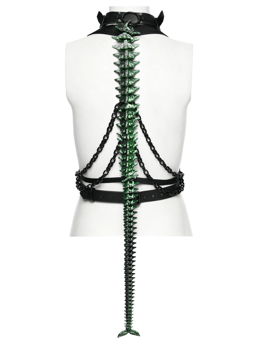Cyberpunk Spine Tail Harness with Chains and Buckles features a sculpted spine and chains for a bold look.
