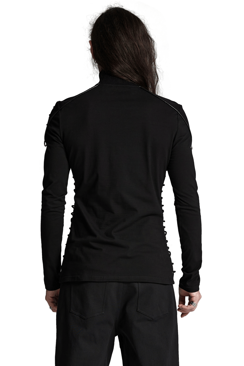 Back view of a black Cyberpunk stand collar sweatshirt featuring rivet straps and unique splicing details.