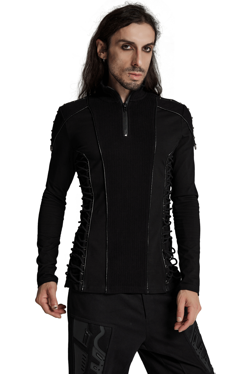 Cyberpunk stand collar sweatshirt for men with rivet straps and eyelet drawstrings in black.