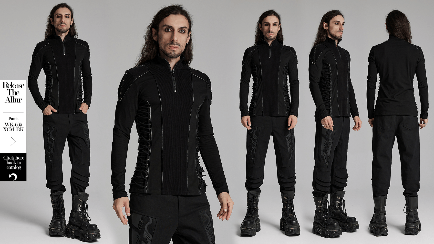 Cyberpunk-inspired black sweatshirt with zip, model posing in multiple angles, showcasing unique design and fit.