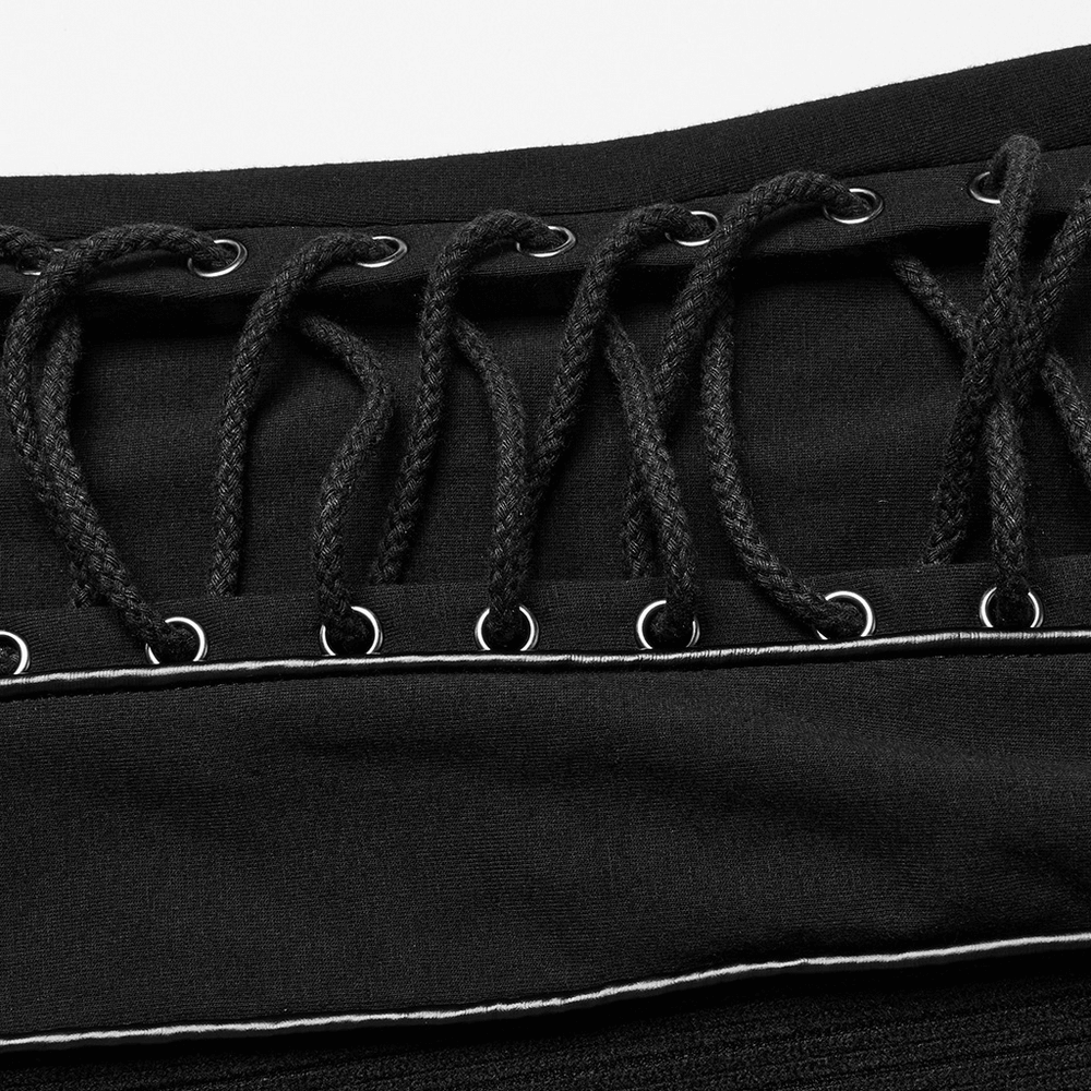 Close-up of cyberpunk sweatshirt eyelet drawstrings and splicing for a stylish casual look.