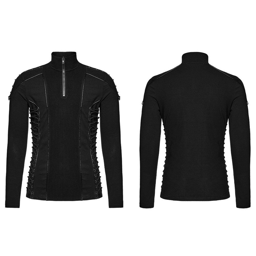 Cyberpunk stand collar sweatshirt with rivet straps and eyelet drawstrings, showcasing a sleek design and stylish texture.