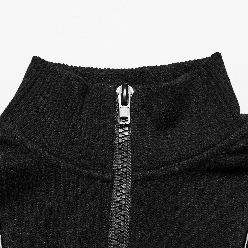 Close-up of the stand-up collar and zipper detail on a black cyberpunk sweatshirt for men.