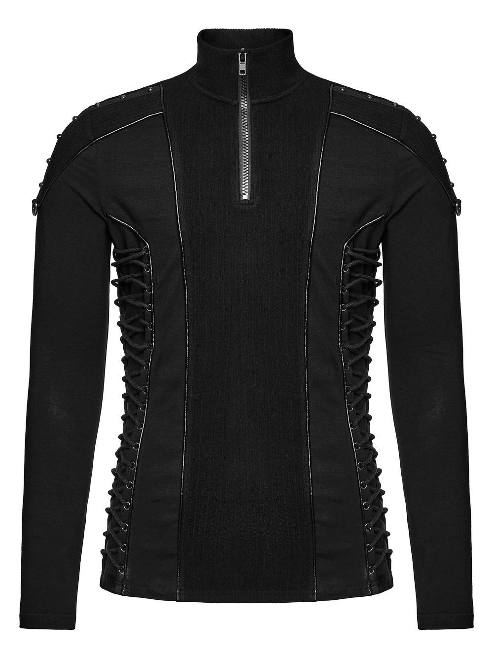 Cyberpunk stand collar sweatshirt with rivet straps and eyelet drawstrings, featuring a sleek black design.