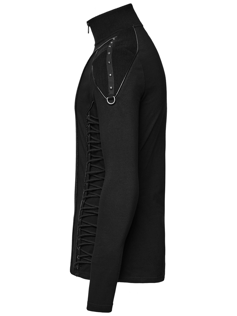 Cyberpunk black sweatshirt with stand-up collar, rivet straps, and eyelet drawstrings for a stylish look.