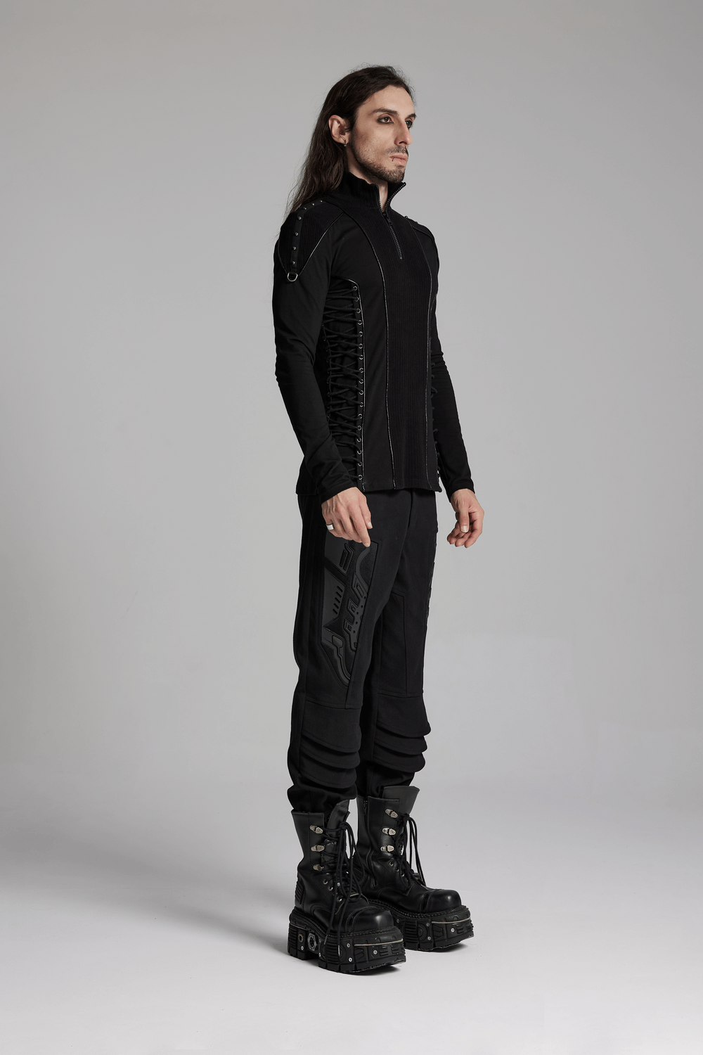 Cyberpunk stand collar sweatshirt with rivet straps, showcasing a sleek design and edgy style for men.