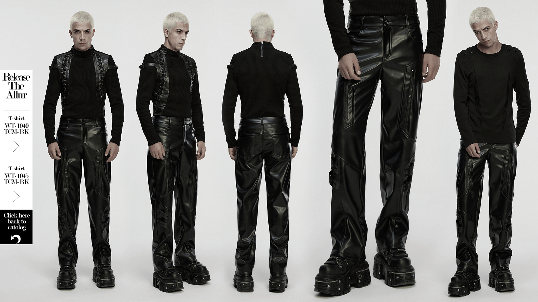 Cyberpunk Straight Black Faux Leather Pants with Zippers showcased on a model with a stylish, edgy look.