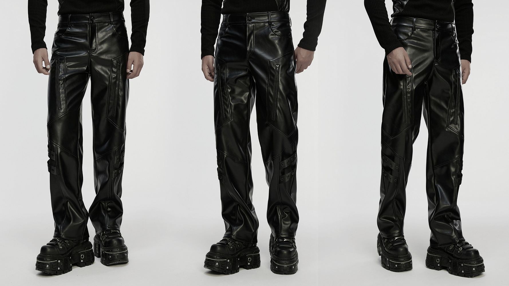 Cyberpunk Straight Black Faux Leather Pants with Zippers modeled from multiple angles, showcasing stylish details.