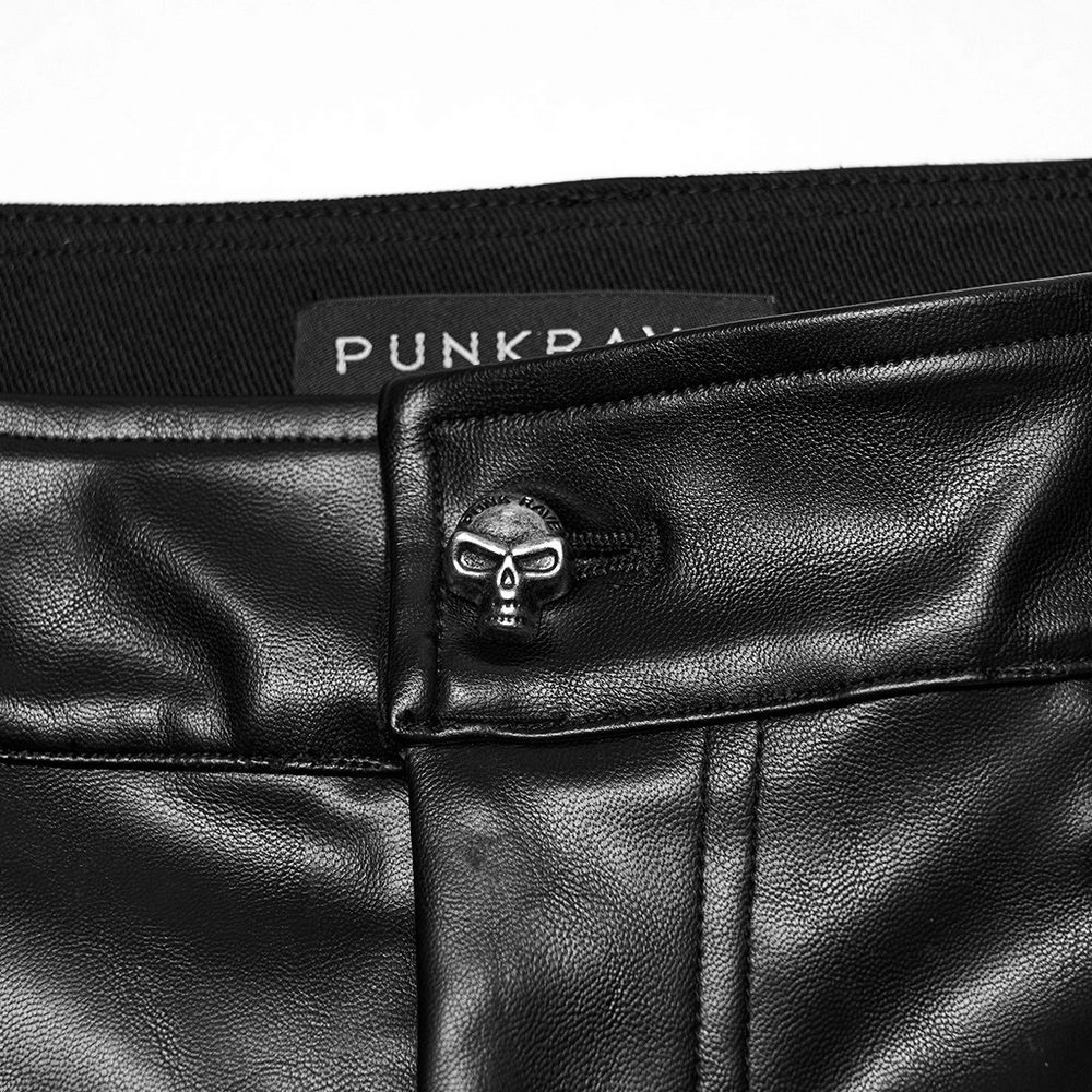 Cyberpunk Straight Black Faux Leather Pants with Zippers close-up of the skull button.