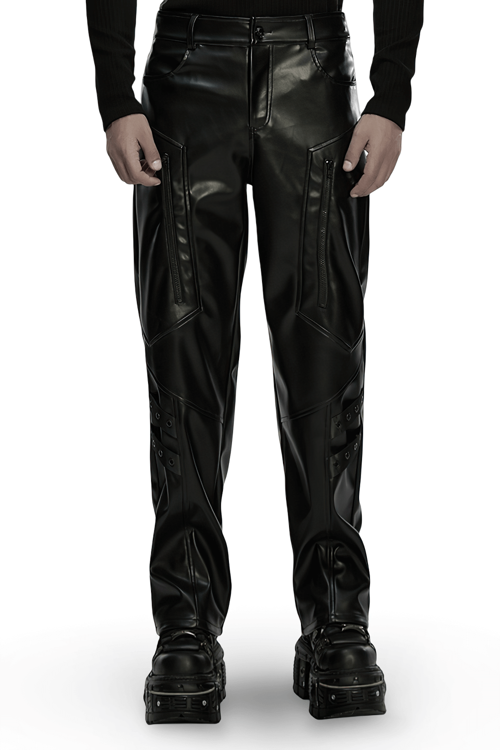 Cyberpunk Straight Black Faux Leather Pants with Zippers on a model showcasing bold design and edgy style.