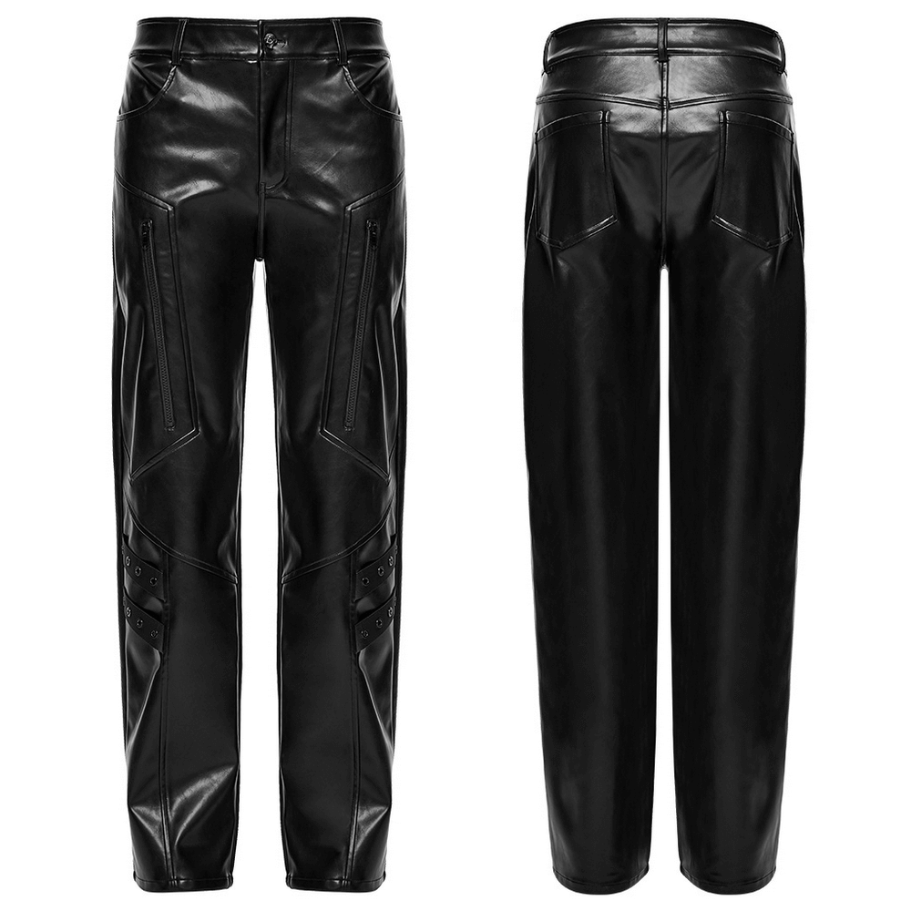 Cyberpunk Straight Black Faux Leather Pants with Zippers showcasing stylish zippers and pockets from the front and back.