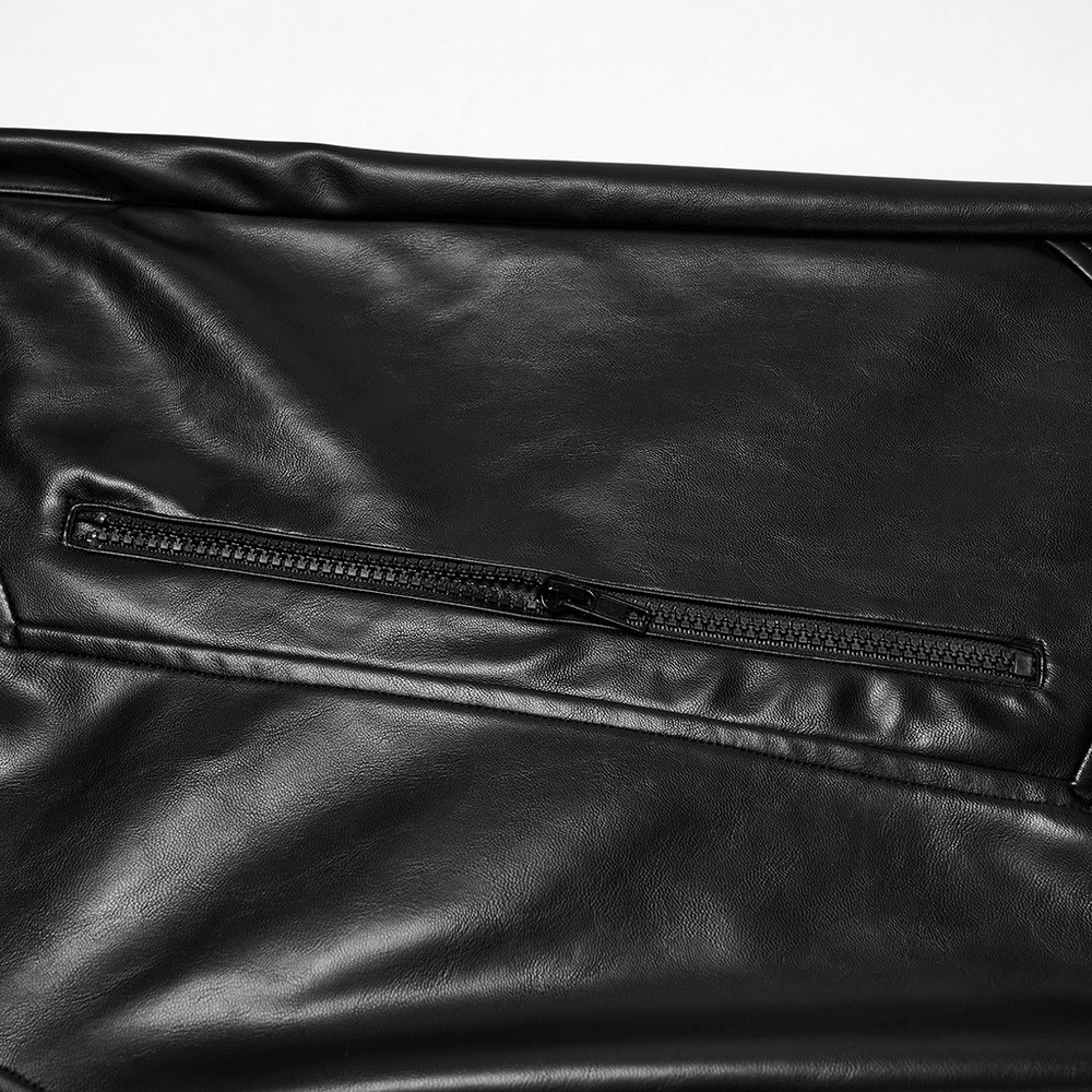 Close-up of Cyberpunk Straight Black Faux Leather Pants with Zippers highlighting sleek zipper detail.