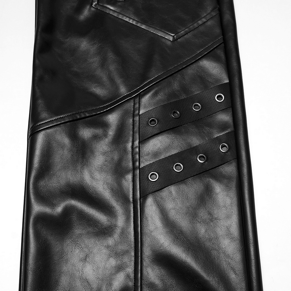 Cyberpunk Straight Black Faux Leather Pants with Zippers showcasing bold zippers and oversized pockets.