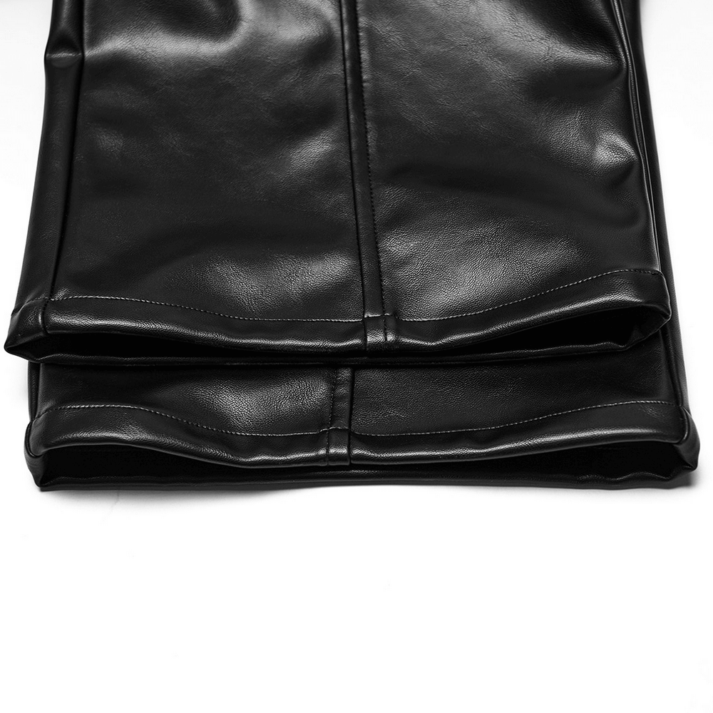 Cyberpunk Straight Black Faux Leather Pants with Zippers showcasing sleek faux leather texture and stylish design details.