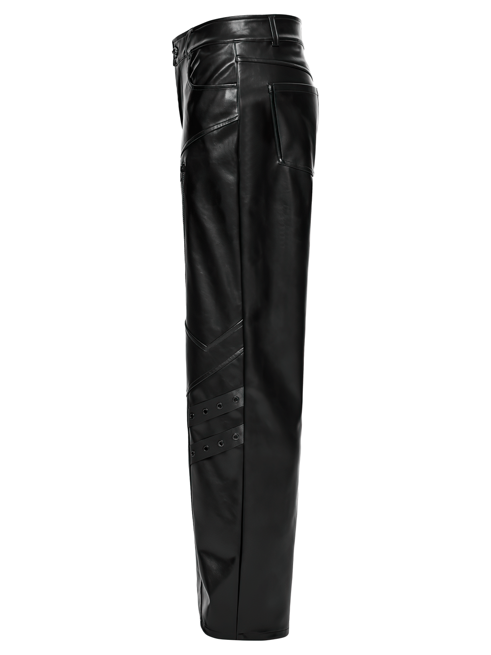 Cyberpunk Straight Black Faux Leather Pants with Zippers side view showcasing stylish zippers and bold design details.