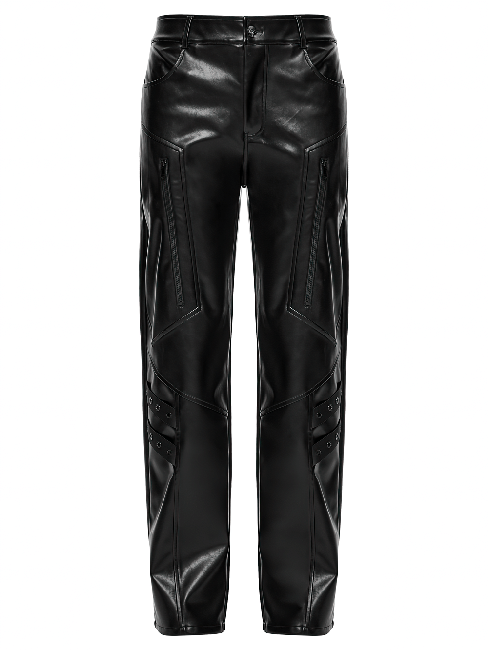 Cyberpunk Straight Black Faux Leather Pants with Zippers featuring bold design and straps