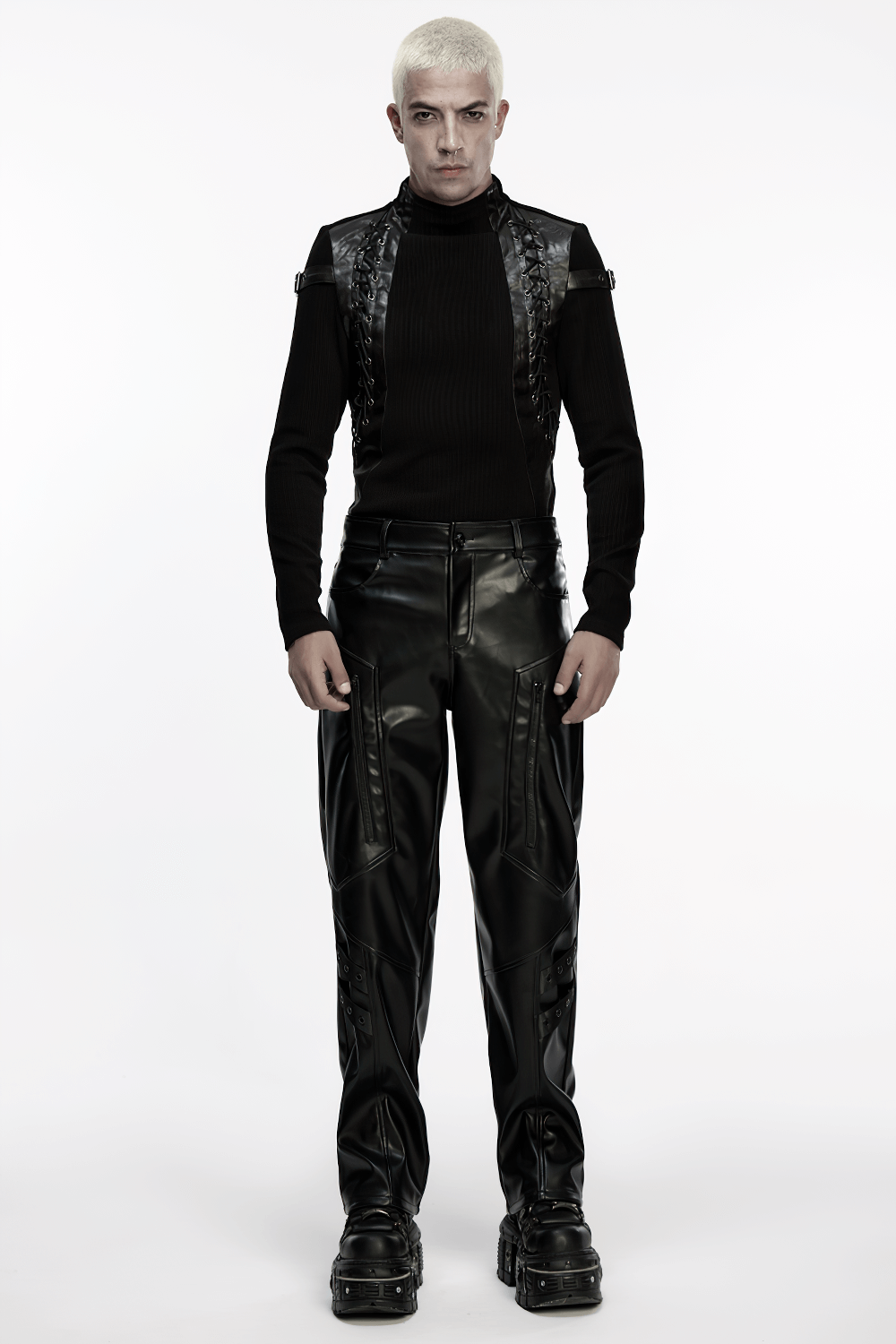 Cyberpunk Straight Black Faux Leather Pants with Zippers styled with a sleek black top and bold accessories.