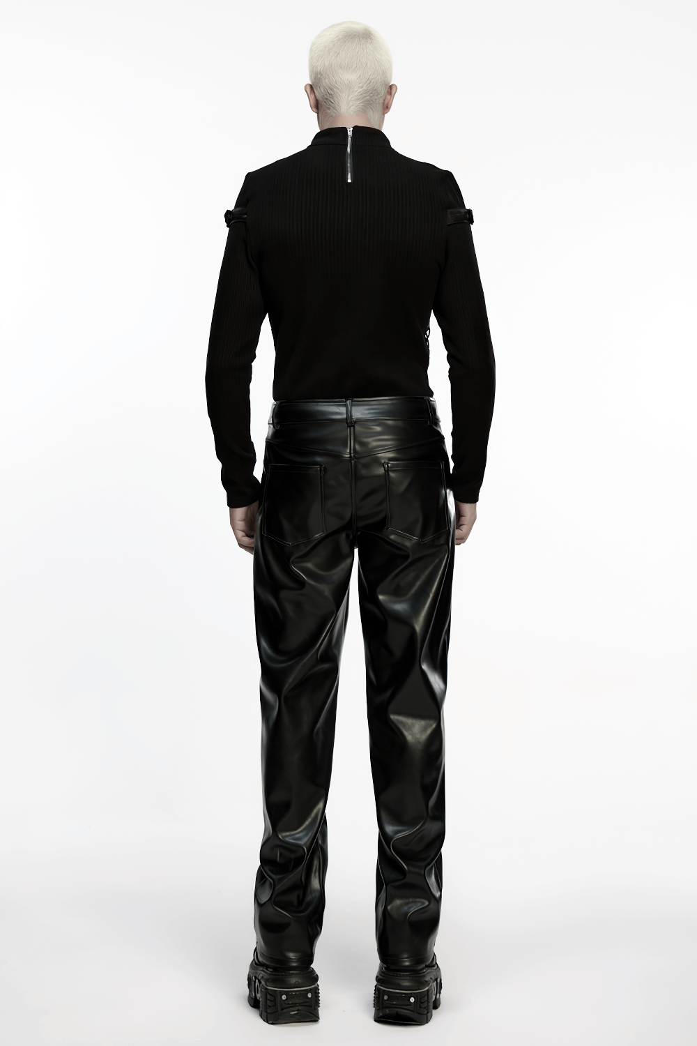 Cyberpunk Straight Black Faux Leather Pants with Zippers worn from the back, featuring bold details and a sleek design.