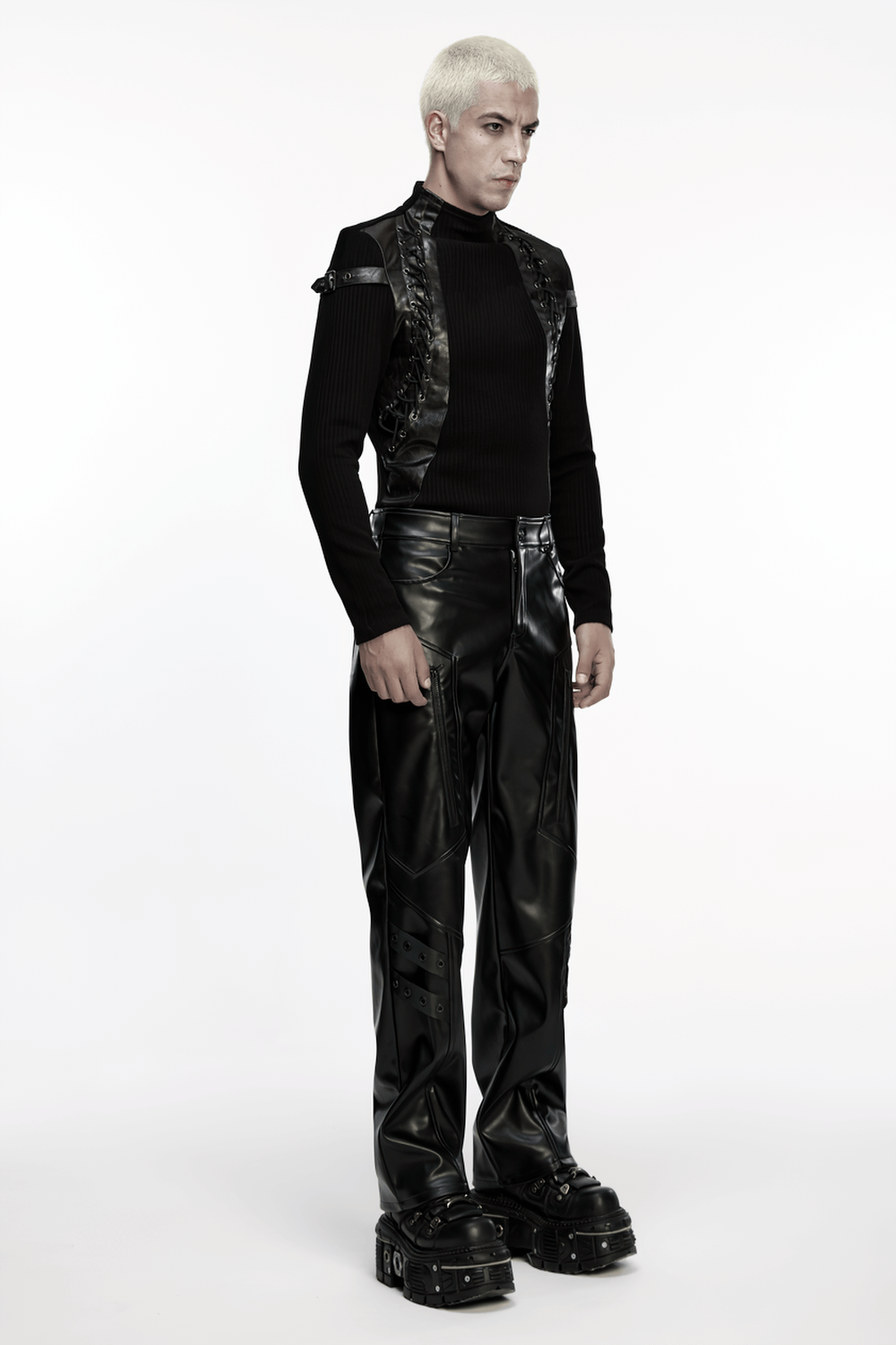 Cyberpunk Straight Black Faux Leather Pants with Zippers, stylish alternative fashion with zippers and bold details.