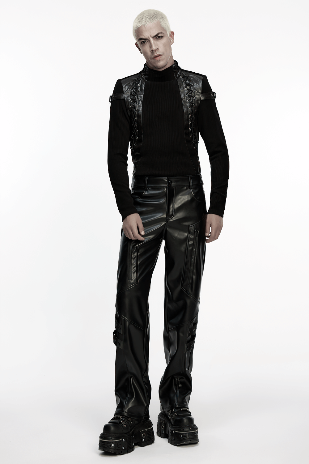 Cyberpunk Straight Black Faux Leather Pants with Zippers styled with a fitted black top and edgy footwear.