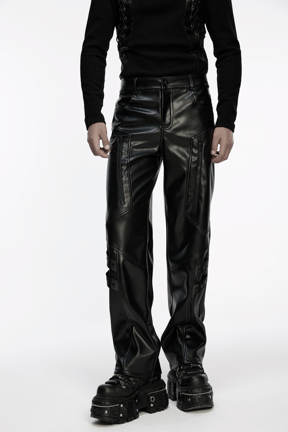 Cyberpunk Straight Black Faux Leather Pants with Zippers paired with a sleek black top for a bold alternative fashion look.