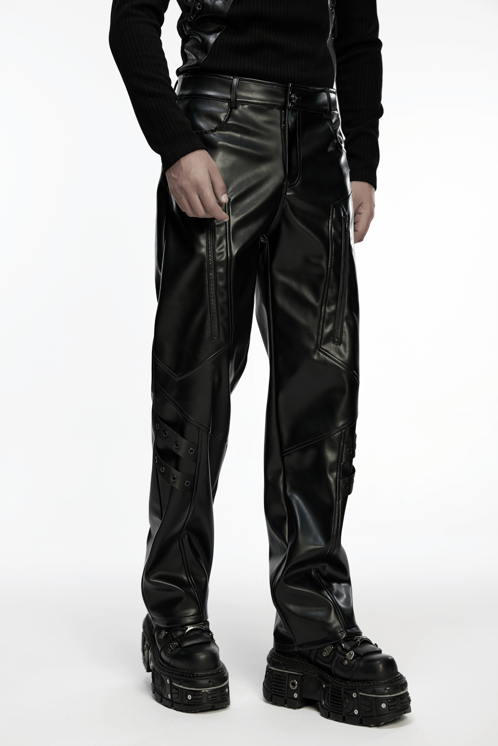 Cyberpunk Straight Black Faux Leather Pants with Zippers showcasing bold design and edgy style.