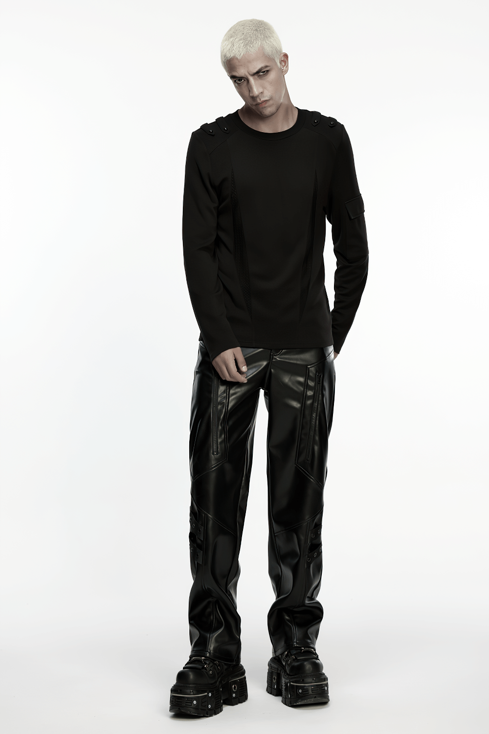 Cyberpunk Straight Black Faux Leather Pants with Zippers showcased by model with fashion-forward styling.