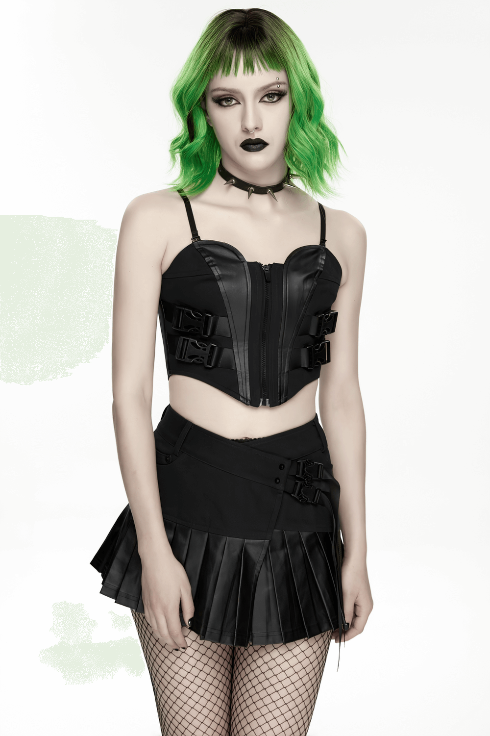 Cyberpunk Streetwear Buckle Pleated Skirt with Straps worn with a stylish black corset top and edgy accessories.