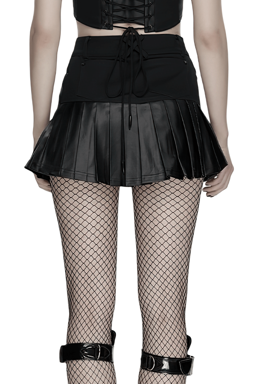 Cyberpunk Streetwear Buckle Pleated Skirt with Straps showcasing pleated hem and straps on a stylish model.