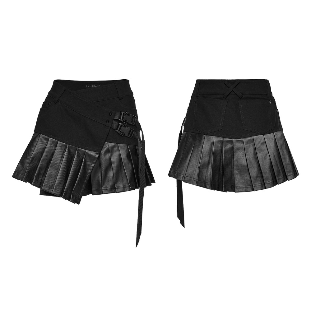 Cyberpunk Streetwear Buckle Pleated Skirt with Straps showcasing a bold pleated design and stylish buckles.