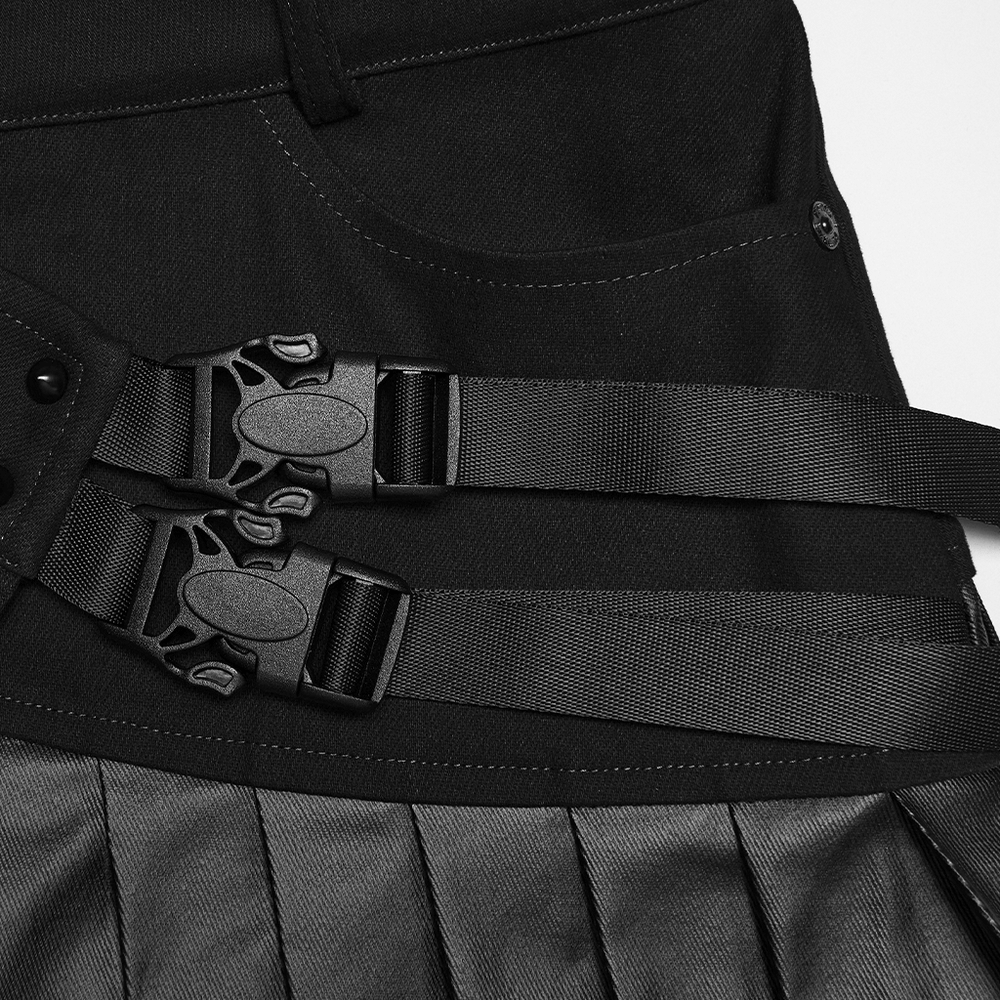 Cyberpunk Streetwear Buckle Pleated Skirt with Straps showcasing stylish buckles and pleated hem detail.