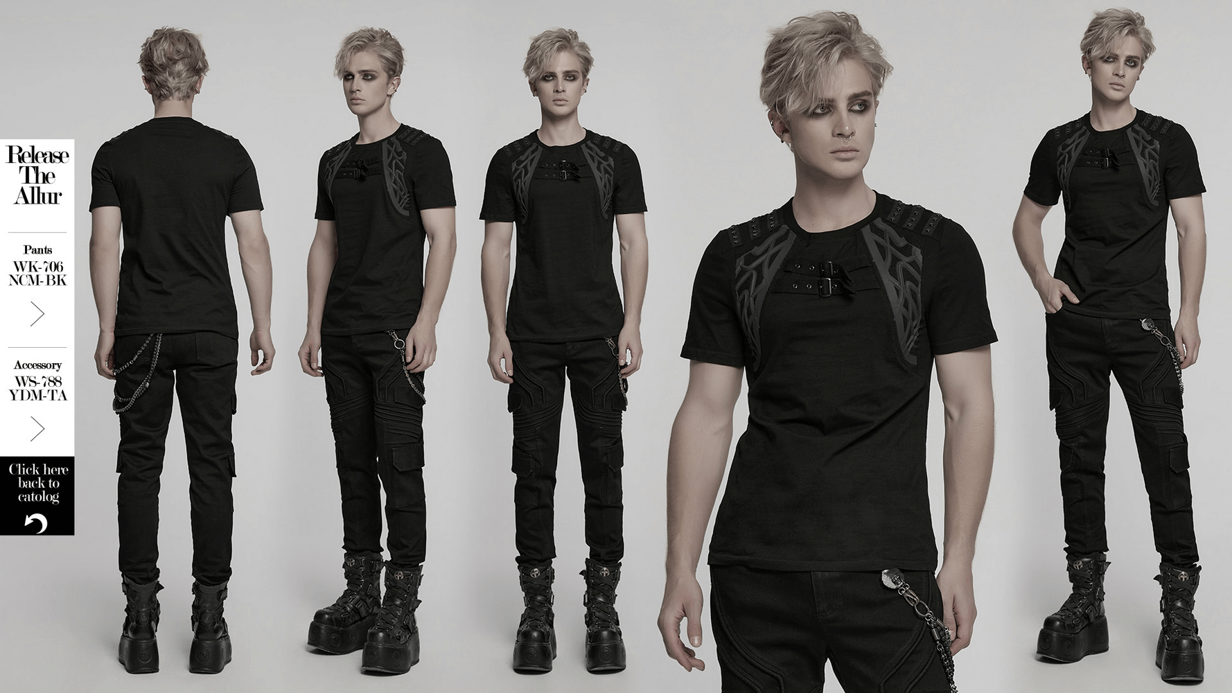Men's cyberpunk black T-shirt with studded shoulder straps and gothic design, showcased from multiple angles.