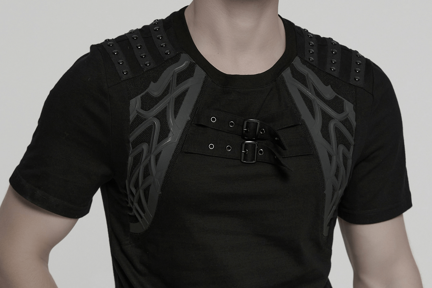 Gothic cyberpunk men's T-shirt with studded shoulder straps and unique front detailing.
