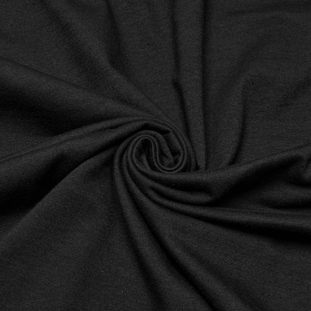 Close-up of soft, elastic black fabric, ideal for a stylish Cyberpunk T-shirt for men.