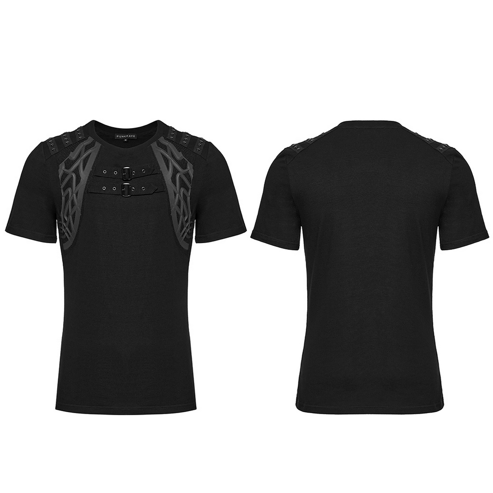 Men's black cyberpunk T-shirt featuring studded shoulder straps and unique side detailing for a bold look.