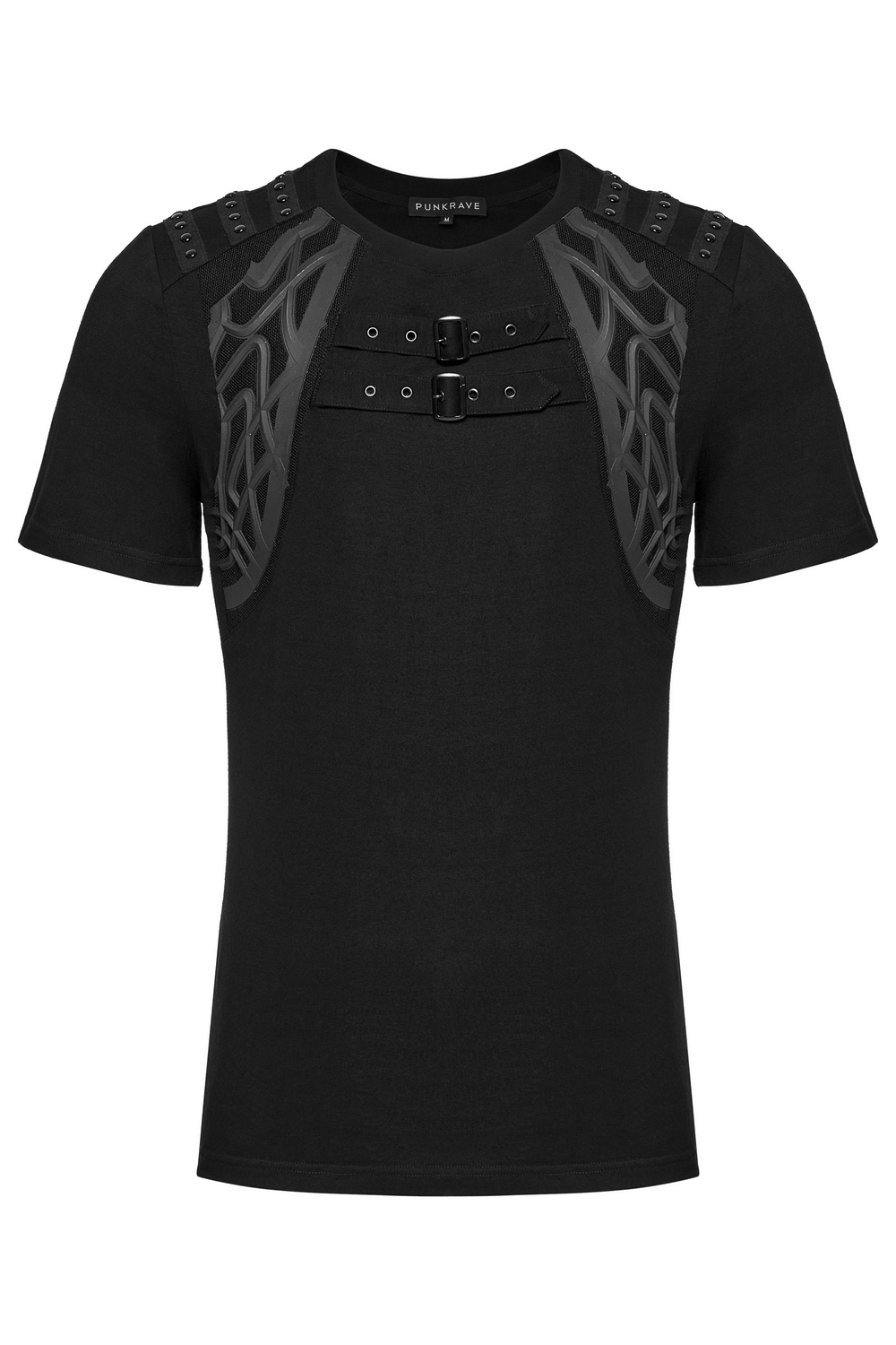 Men's cyberpunk T-shirt with studded shoulder straps and unique detailing, perfect for a bold, gothic aesthetic.
