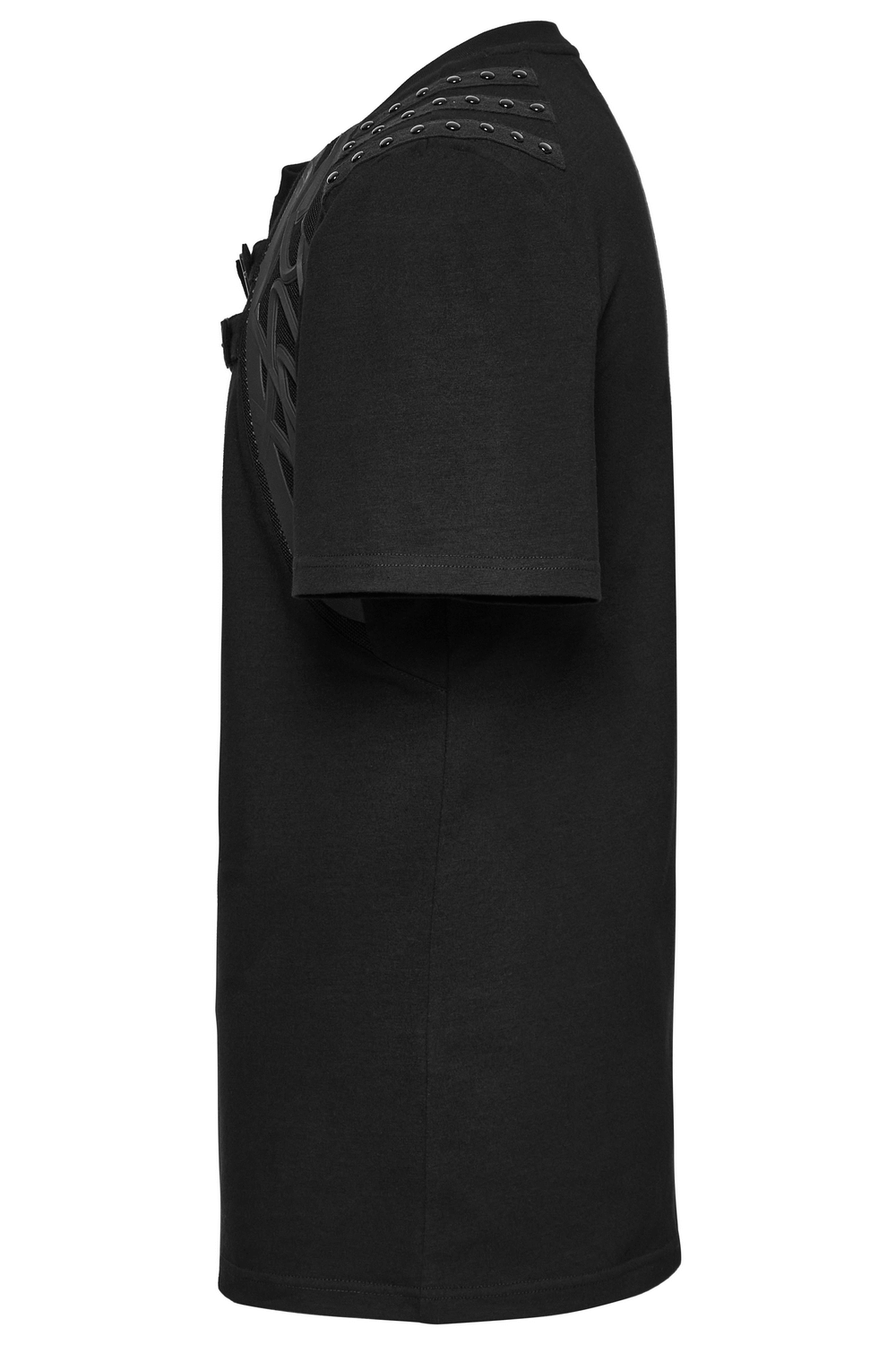 Side view of a men's cyberpunk T-shirt with studded shoulder straps and unique side detailing.