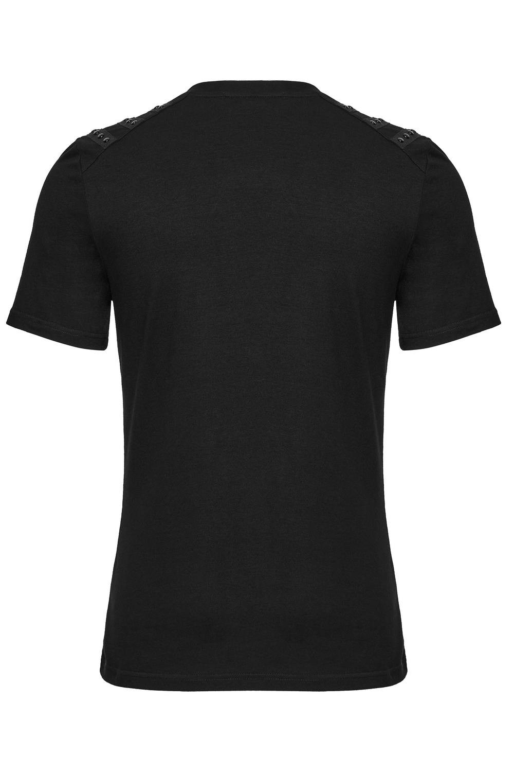 Back view of Cyberpunk studded shoulder strap T-shirt for men, showcasing gothic design and unique shoulder detailing.