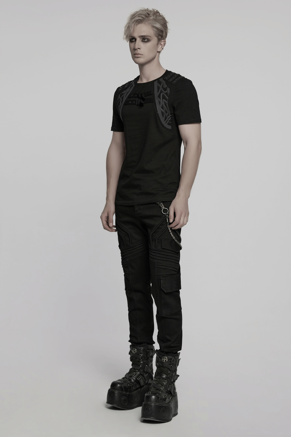 Men's Cyberpunk T-shirt with studded shoulder straps and fitted design, showcasing a bold gothic aesthetic.