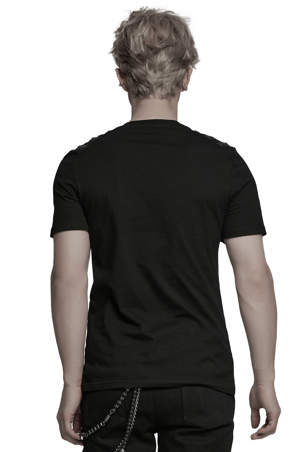 Back view of a man wearing a cyberpunk studded shoulder strap t-shirt, showcasing a sleek gothic design.