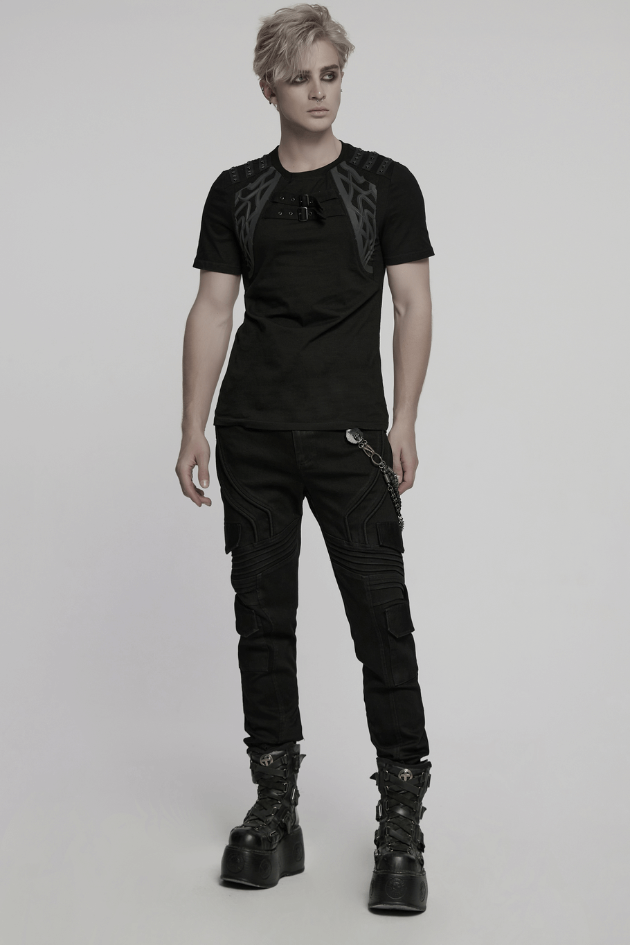 Men's cyberpunk studded shoulder strap t-shirt in black, showcasing a bold gothic style and fitted design.