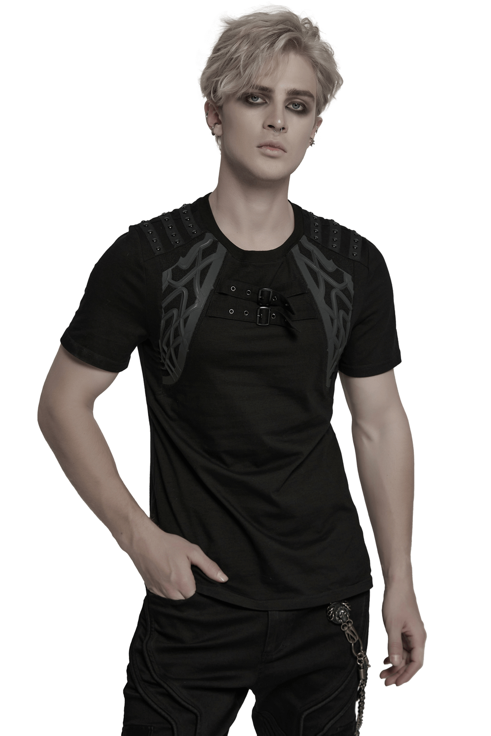 Gothic cyberpunk T-shirt for men featuring studded shoulder straps and unique design, perfect for edgy, futuristic fashion.