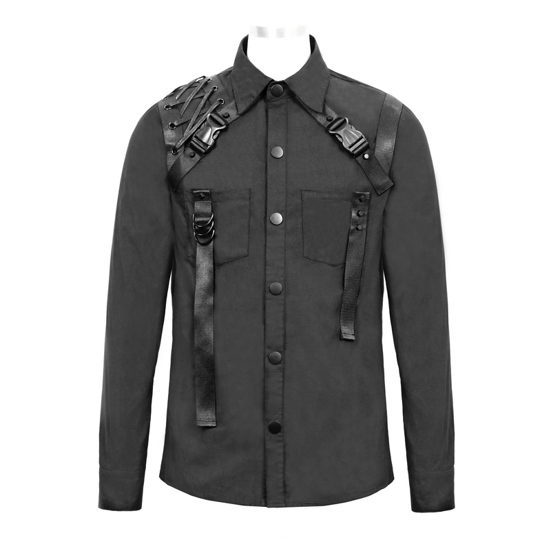 Stylish black men's long sleeve shirt with cyberpunk straps and creative design, perfect for a gothic wardrobe.