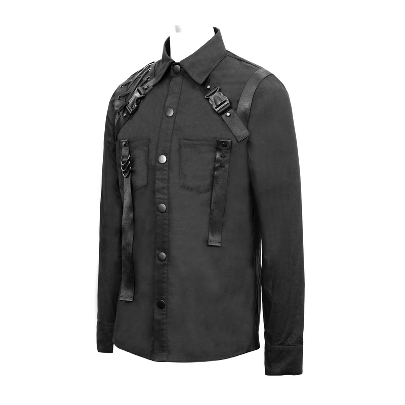 Cyberpunk style men's long sleeve black shirt with straps and a relaxed cut, perfect for a gothic wardrobe.