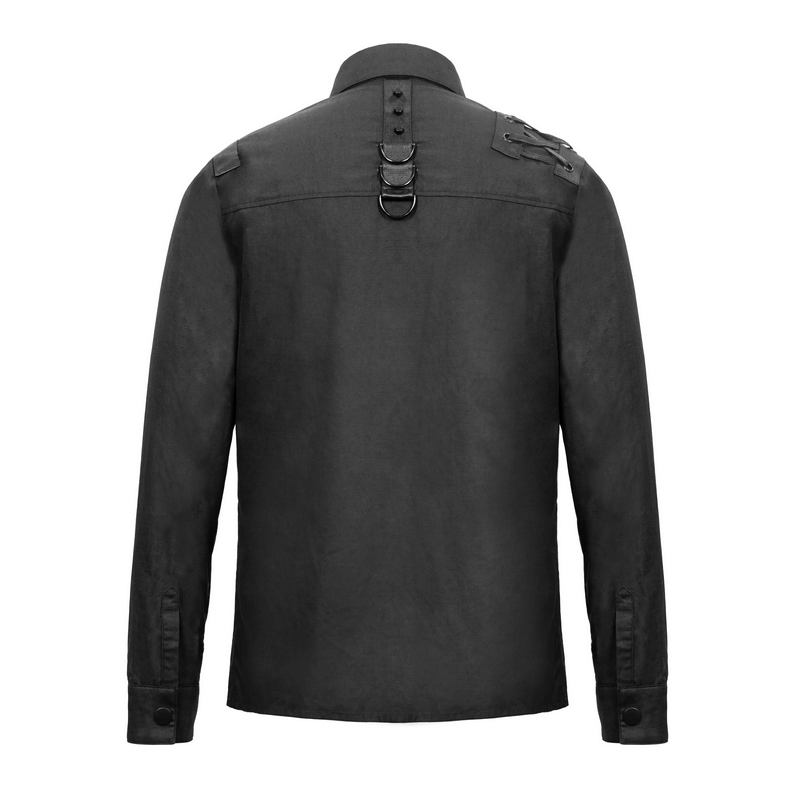 Back view of men's black cyberpunk style long sleeve shirt with unique straps and creative design.