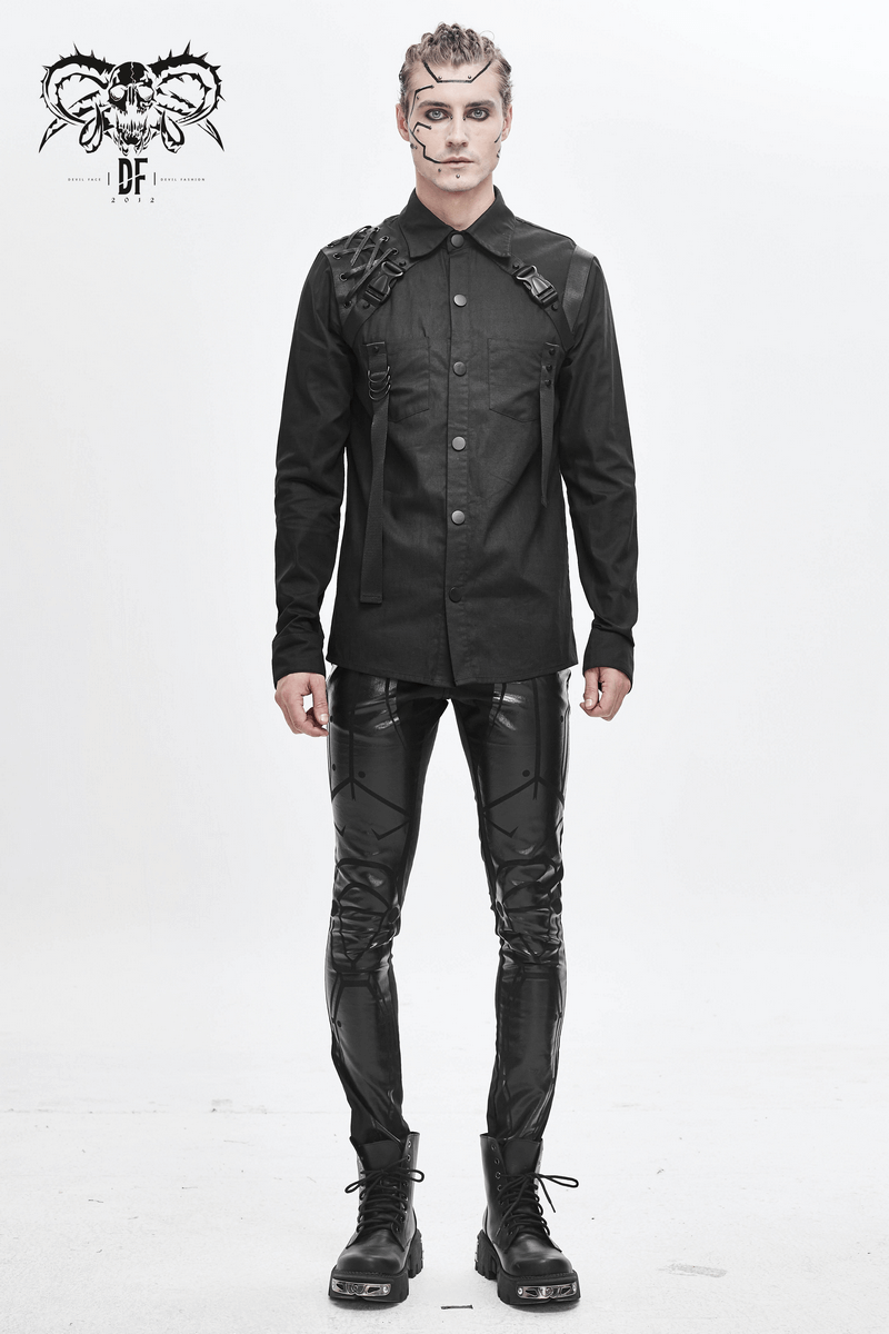 Cyberpunk Style Mens Long Sleeve Shirt / Comfortable Black Shirt with Straps - HARD'N'HEAVY