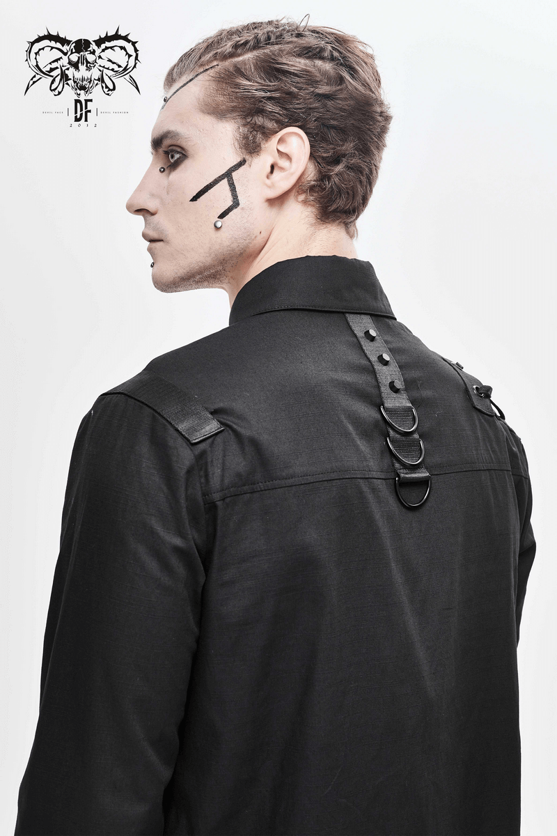 Men's black cyberpunk shirt featuring unique straps and creative design, perfect for a gothic wardrobe.